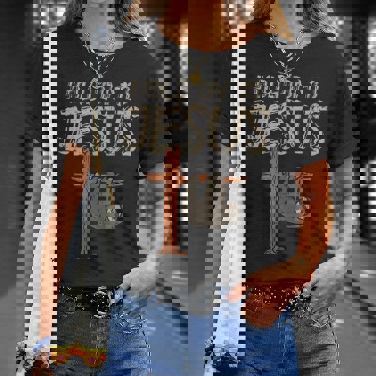 吊り下げナマケモノ ホールド オン イエス 神 クリスチャン メンズ レディース キッズ Tシャツ 彼女への贈り物