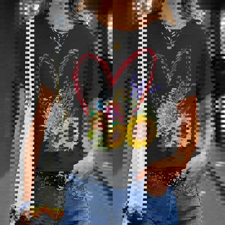 夏の花のデザイン、ひまわり、ラベンダー、アジサイ Tシャツ 彼女への贈り物