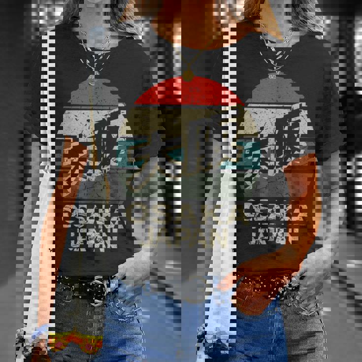 大阪 日本 漢字 キャラクター 円 レトロ 夕日 Tシャツ 彼女への贈り物