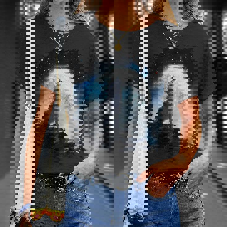 宇宙空間 オオカミ 月に遠吠えするオオカミ Tシャツ 彼女への贈り物