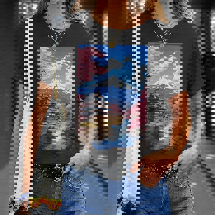 寺と富士山のある日本の風景 Tシャツ 彼女への贈り物