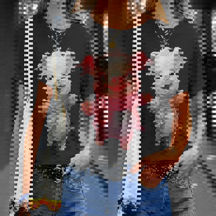 帽子とスカーフを着た豚のクリスマスプレゼント Tシャツ 彼女への贈り物