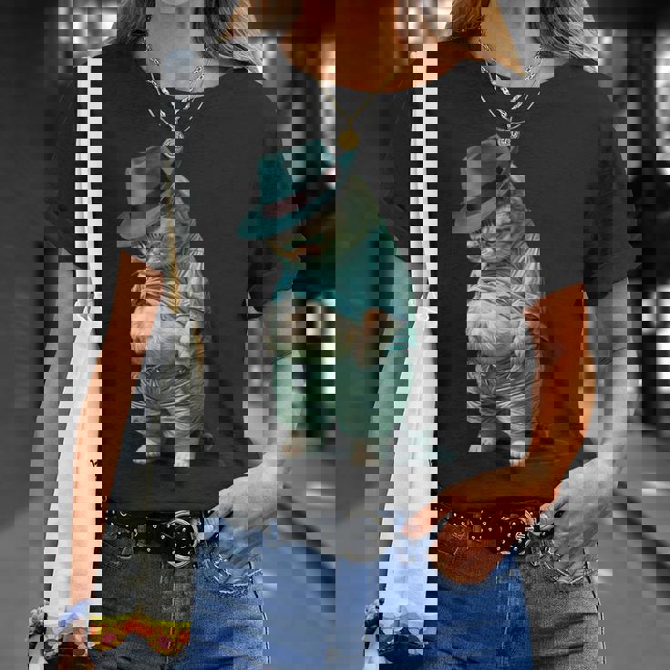 帽子をかぶった面白い太った猫 Ia アート デザイン太った子猫猫愛好家 Tシャツ 彼女への贈り物