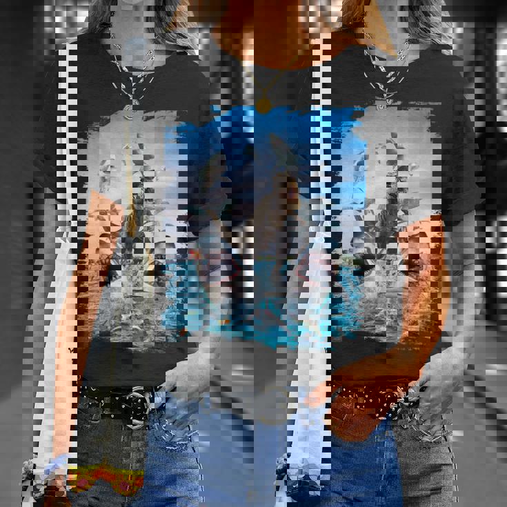 恐竜乗馬サメ ビーチオーシャンサメ サングラス 面白い Tシャツ 彼女への贈り物