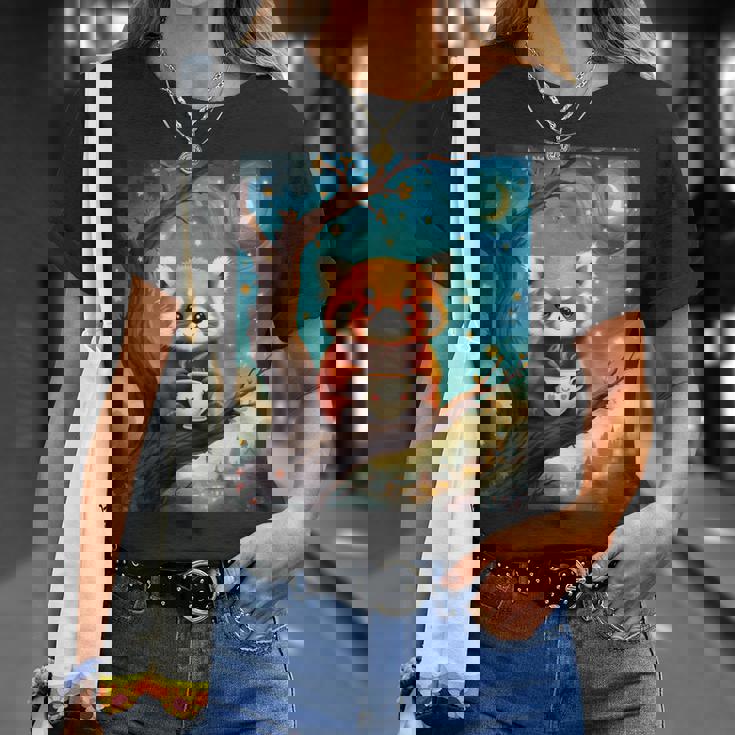 愛らしいレッサーパンダとティーカップの星月夜イラスト Tシャツ 彼女への贈り物