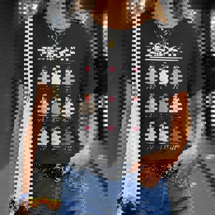 文鳥ガイド 文鳥好き 文鳥の飼い主 文鳥 桜文鳥 文鳥の一覧 白文鳥 頬黒文鳥 シナモン文鳥 文鳥の種類 文鳥 Tシャツ 彼女への贈り物