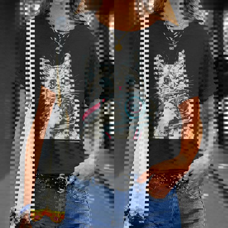 旅行や写真を撮るのに最適なカメラ猫。 Tシャツ 彼女への贈り物