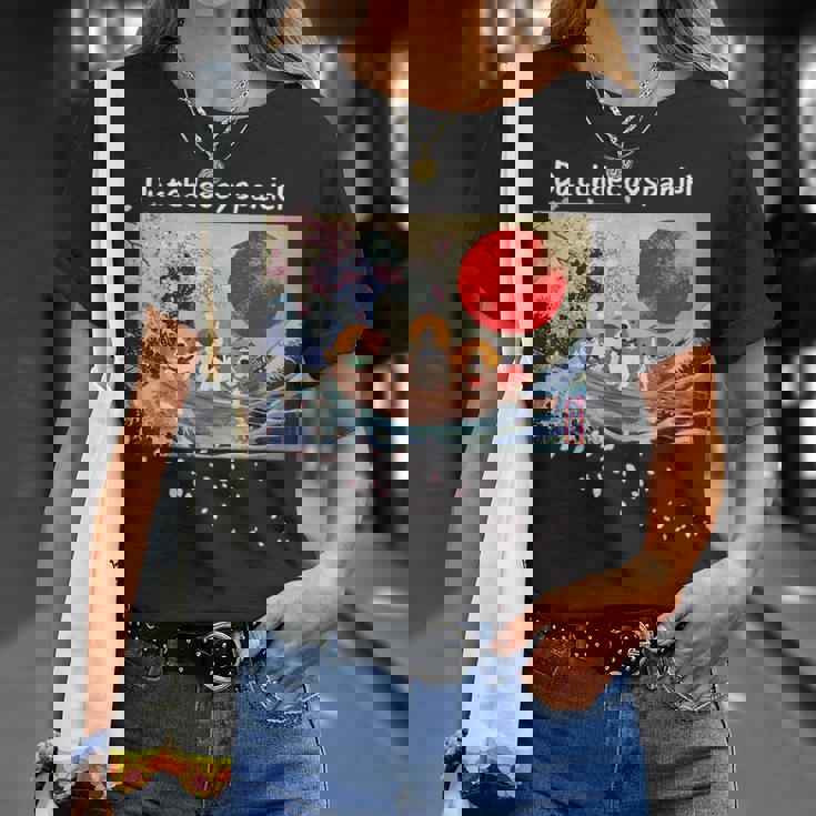 日本 版画 ダッチ デコイ スパニエル デコピン 神奈川の波 海 桜 Tシャツ 彼女への贈り物