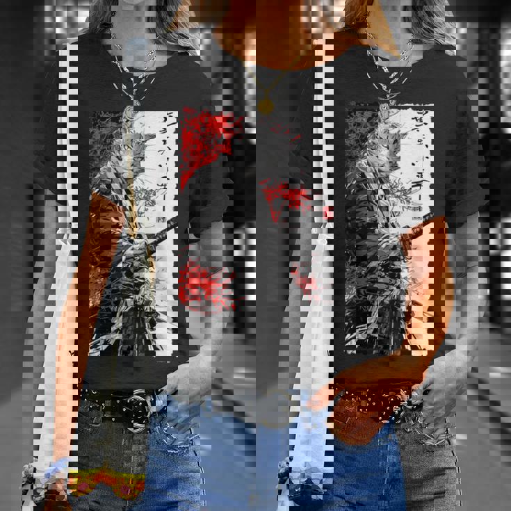 日本のクモユリ 侍 猫 グランジ 浮世絵 アニメアート Tシャツ 彼女への贈り物