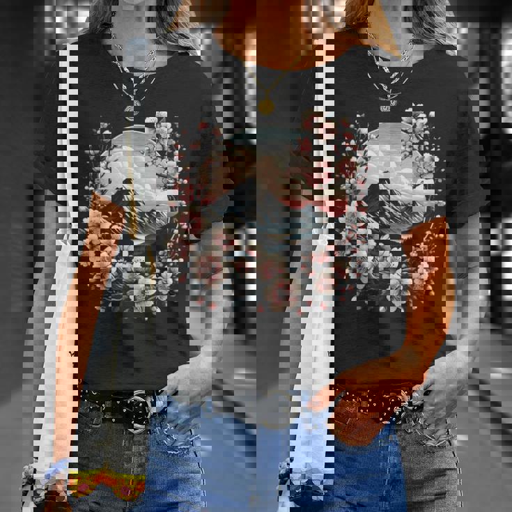 日本の桜 ピンク 桜 富士山 自然 アート Tシャツ 彼女への贈り物