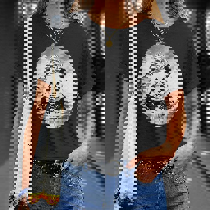 日本の温泉 パンダ 面白い 水墨画 温泉旅行 入浴 銭湯 お風呂 バスタイム 動物 和風 Tシャツ 彼女への贈り物