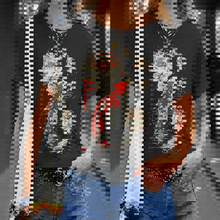 日本の鯉 魚 蓮の花 ヴィンテージ アート 日本 Tシャツ 彼女への贈り物