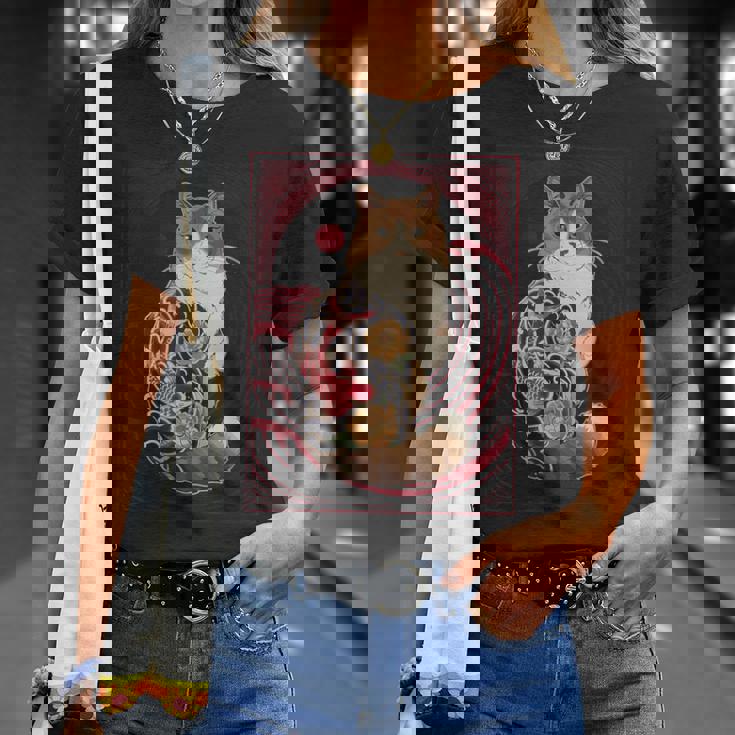 日本の鯉タトゥー猫アート美的ヴィンテージライジングサン Tシャツ 彼女への贈り物