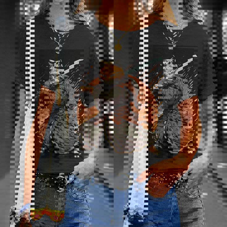 日本アート 猫 忍者 浮世絵 アニメ風 サムライキャット Tシャツ 彼女への贈り物