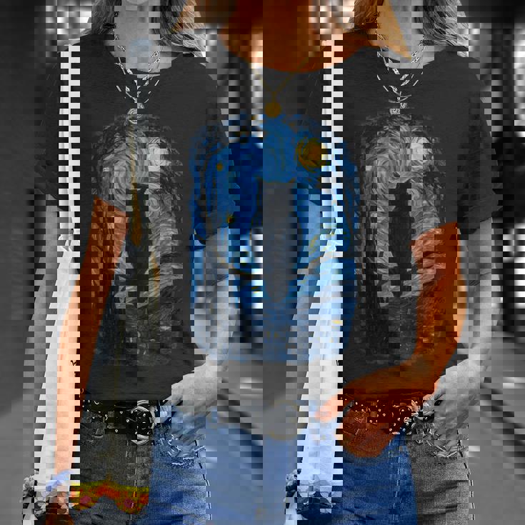 星月フクロウの夜のアートワーク Tシャツ 彼女への贈り物