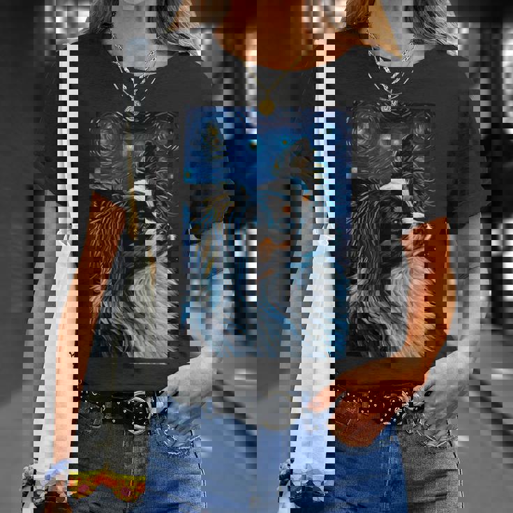 星月夜のパピヨン 絵画 犬 お母さん お父さん Tシャツ 彼女への贈り物