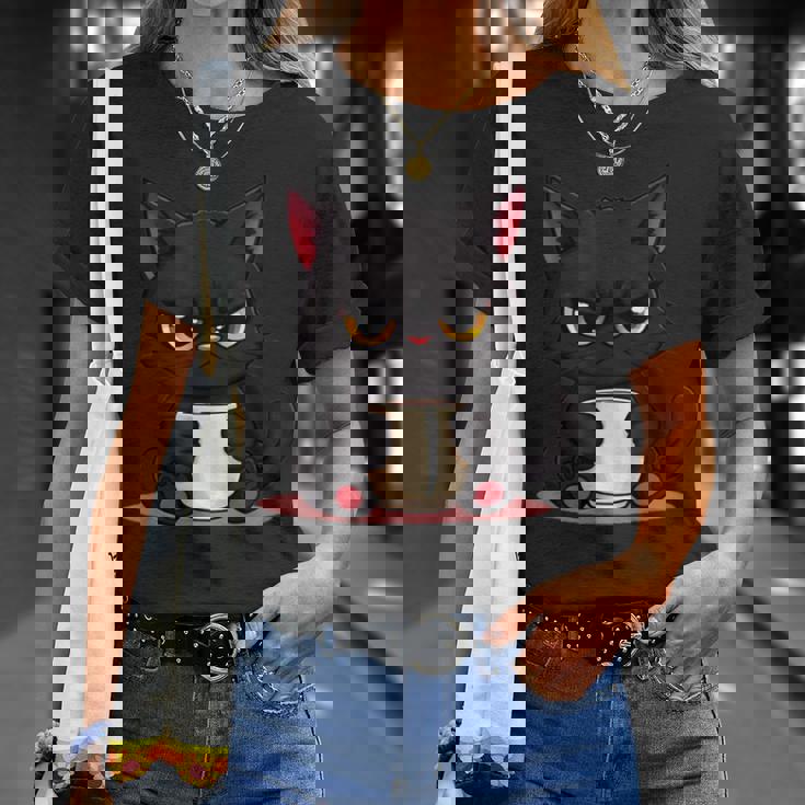 朝が嫌いなコーヒーと可愛い黒猫 Tシャツ 彼女への贈り物