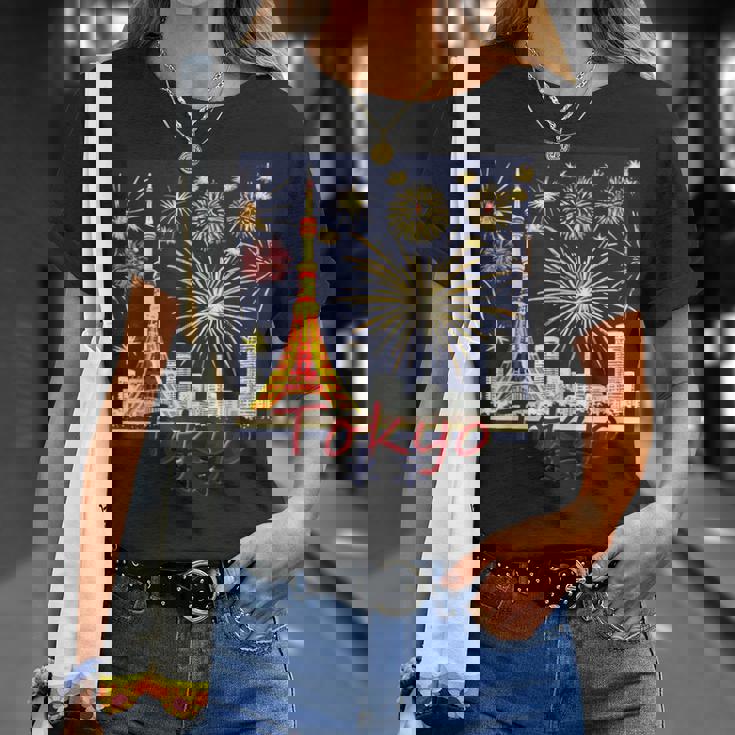 東京 東京タワーと花火大会 日本 漢字 By Kana Kanjin Tシャツ 彼女への贈り物