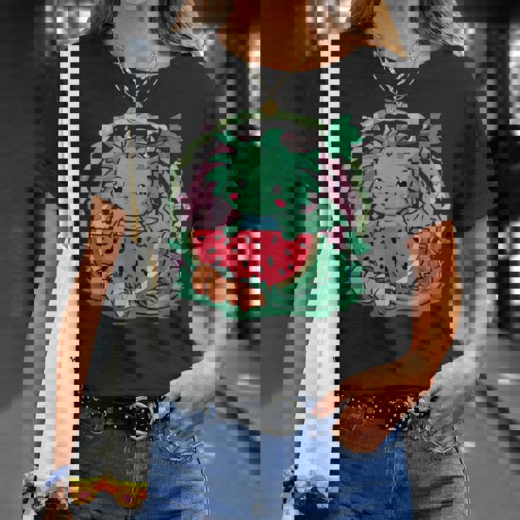 桃とスイカの漫画かわいいドラゴン Tシャツ 彼女への贈り物