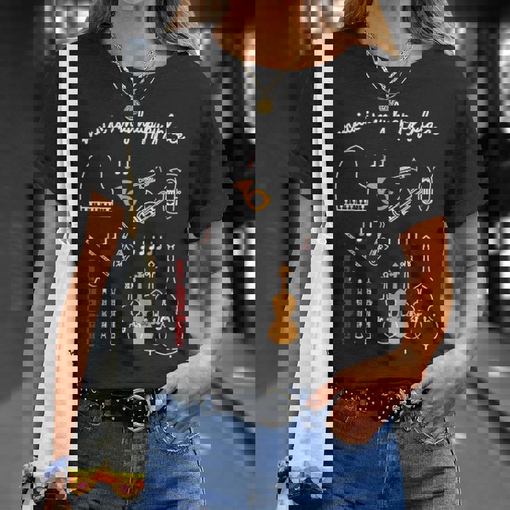 楽器 音楽 ピアノ 管楽器 木管楽器 弦楽器 音符 Music Is My Happy Place Tシャツ 彼女への贈り物