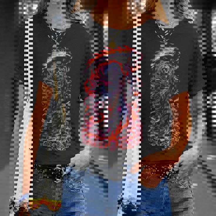 死神 死闘と頭蓋骨 明るいゴス Tシャツ 彼女への贈り物