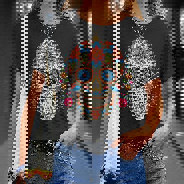 死者の日 シュガースカル 花柄 メキシコの日 カラベラデー Tシャツ 彼女への贈り物