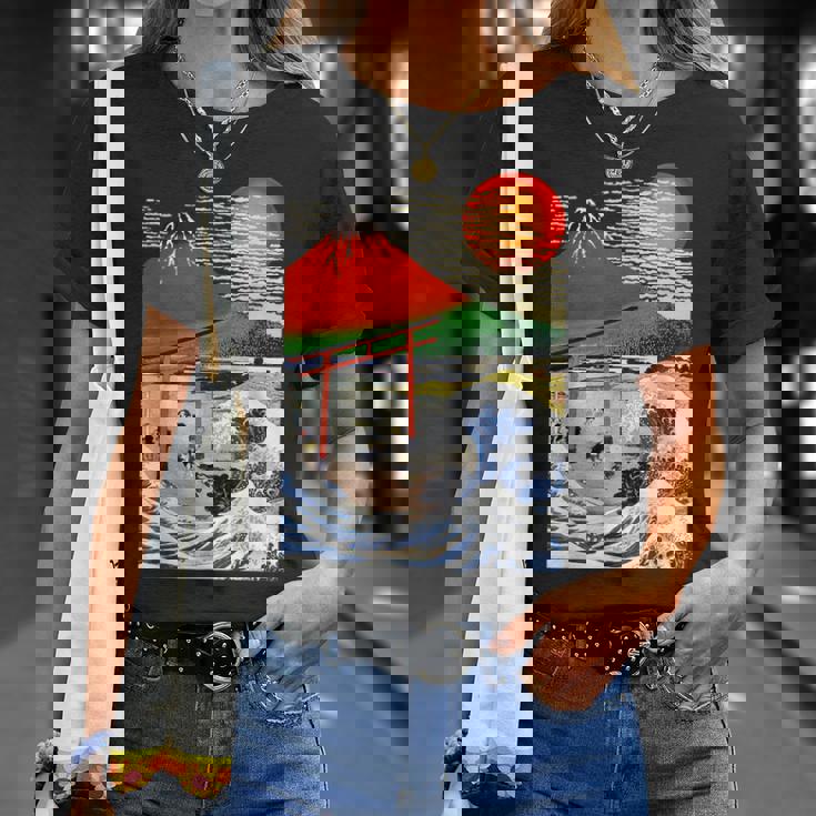 江戸日本 浮世白斎 赤富士山・津波 Tシャツ 彼女への贈り物