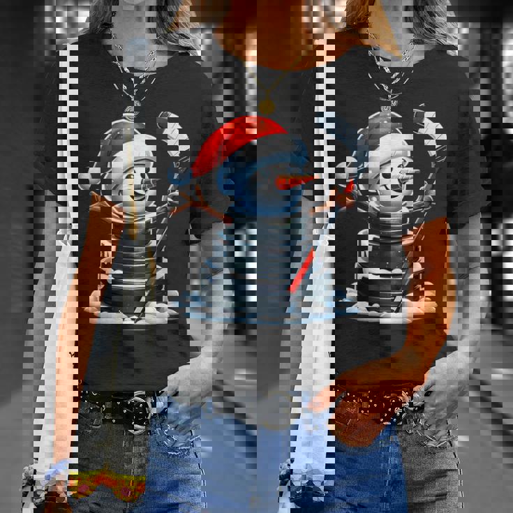 漫画 アイスホッケーパック 雪だるま サンタ帽子付き クリスマス Tシャツ 彼女への贈り物