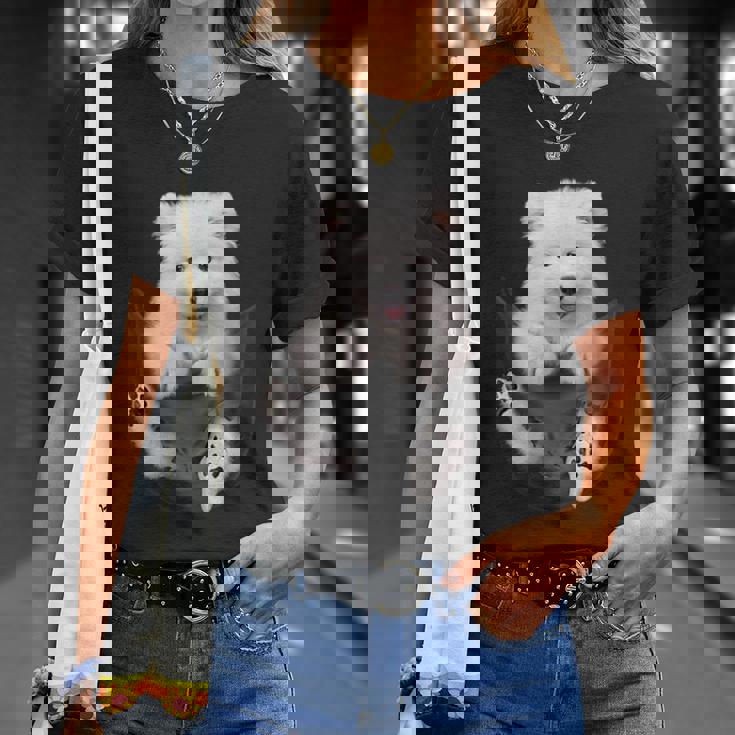 犬好きの方へのギフト サモエド ポケットに入った面白い犬の顔 Tシャツ 彼女への贈り物