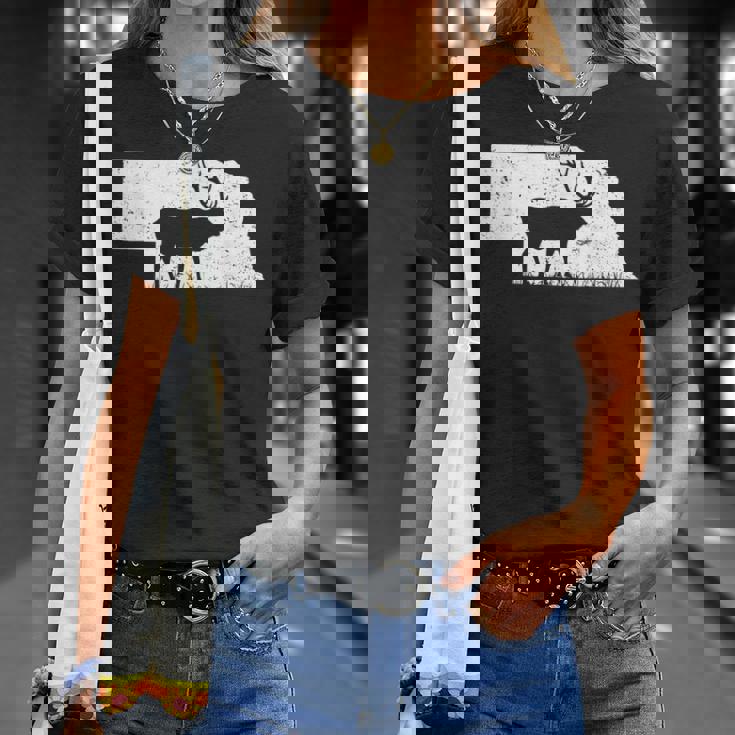 狩猟ヘラジカまたはワピティ ネブラスカ地図アートハンター Tシャツ 彼女への贈り物