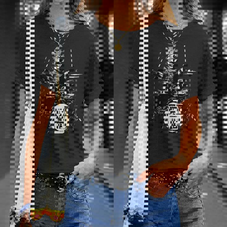 猫 ロックンロール パンク バンド 猫柄 猫好き Rock 面白い おしゃれ かっこいい 大きいサイズ Catdrum Tシャツ 彼女への贈り物