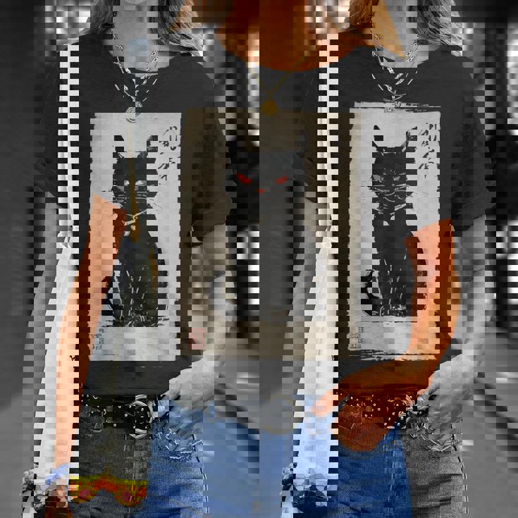 猫 鬼 ハロウィン 日本 ミニマリスト 墨絵 浮世絵風 Tシャツ 彼女への贈り物