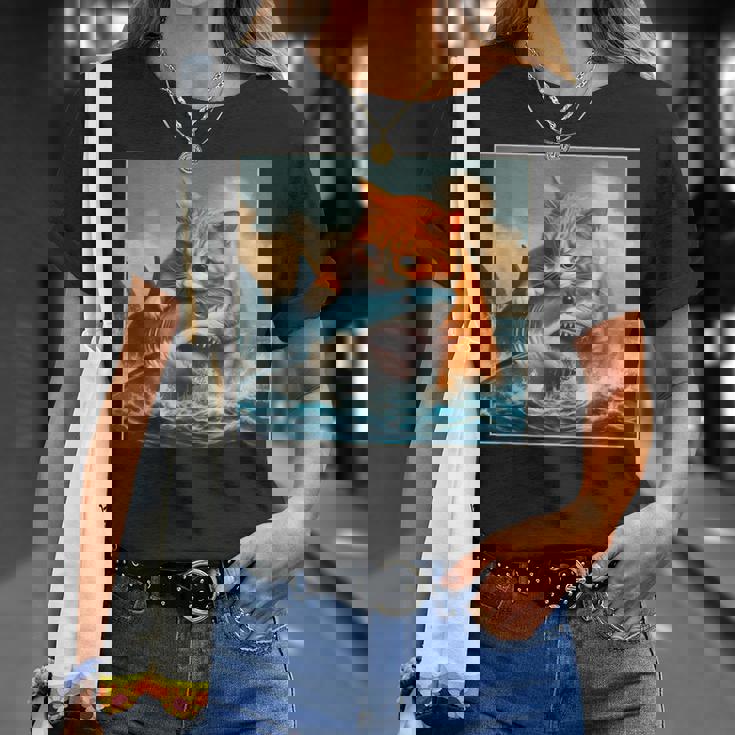 猫のサメ、面白い猫がサメを噛むサメ、サメと猫 Tシャツ 彼女への贈り物