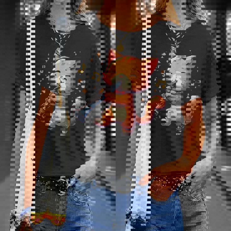 猫好きのためのかわいい猫のデザイン 猫がクラリネットを弾く Tシャツ 彼女への贈り物