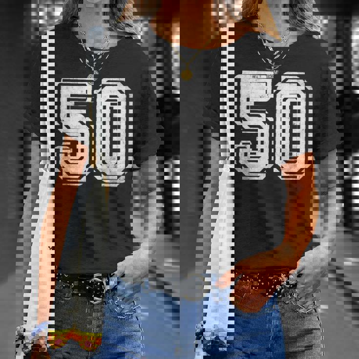 番号 50 ホワイト スポーツ ディストレスト番号 Tシャツ 彼女への贈り物