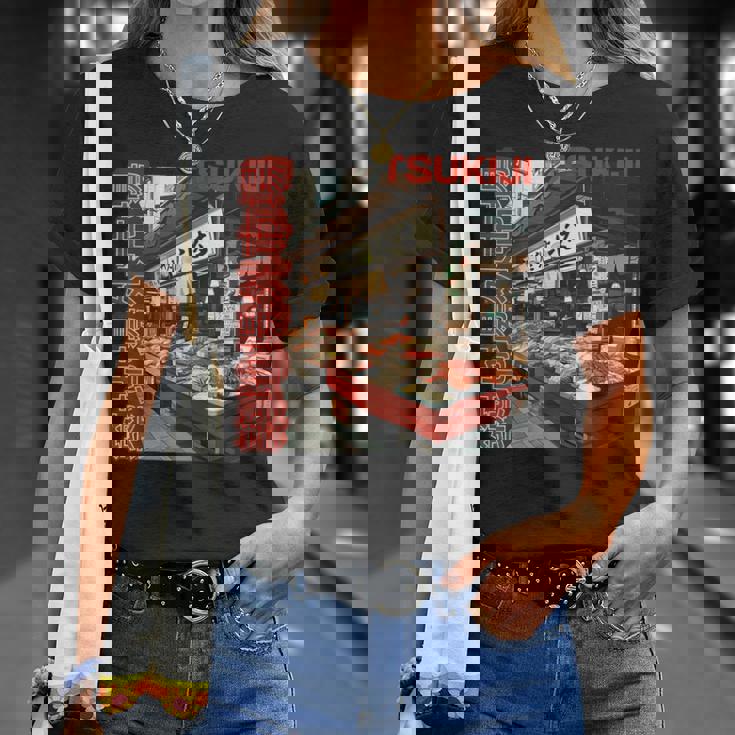 築地魚市場 日本 東京撮影 海鮮屋台 Tシャツ 彼女への贈り物