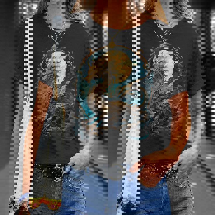 美しいルナゴールドドラゴン フローラルアートノボー Tシャツ 彼女への贈り物