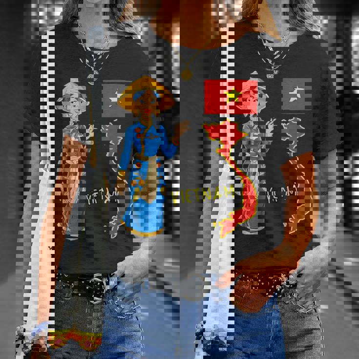 美しい笑顔のベトナムの女の子、旗とベトナムの地図 Tシャツ 彼女への贈り物