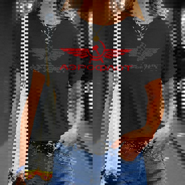 航空ソビエト連邦キリリック、ハンマーと鎌付き Tシャツ 彼女への贈り物