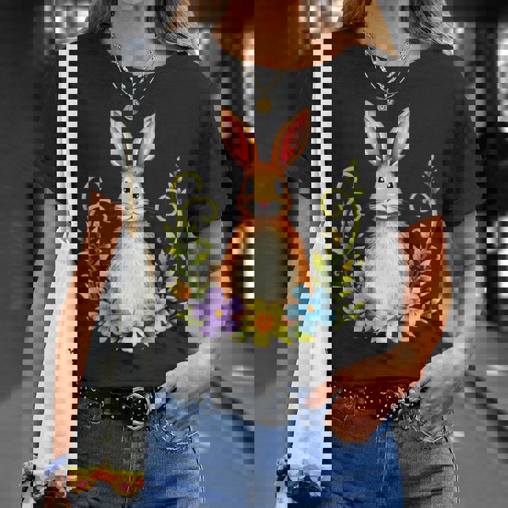 花と葉を持つ愛らしいウサギ 自然デザイン Tシャツ 彼女への贈り物