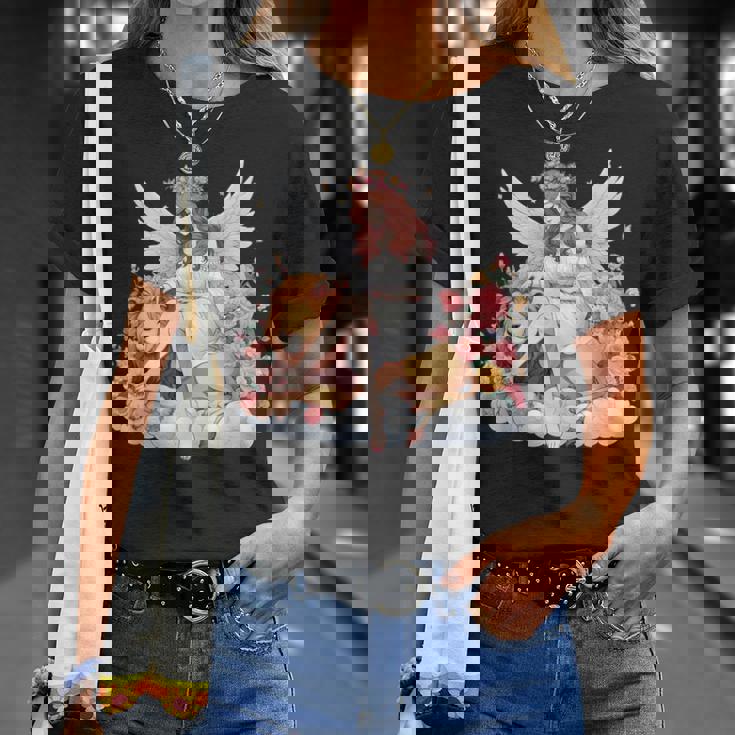 花に囲まれたライオンの天使 美しい天使 Tシャツ 彼女への贈り物