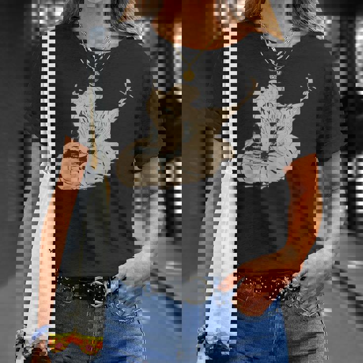 葛飾北斎作 三味線と座る女 Tシャツ 彼女への贈り物