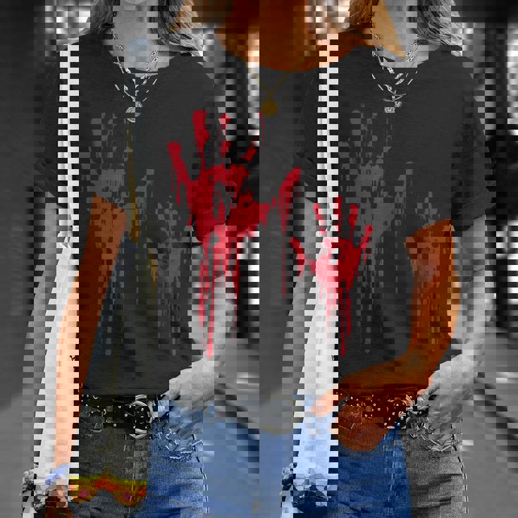 血のスプラッターハロウィーンのゾンビの犠牲者 Tシャツ 彼女への贈り物