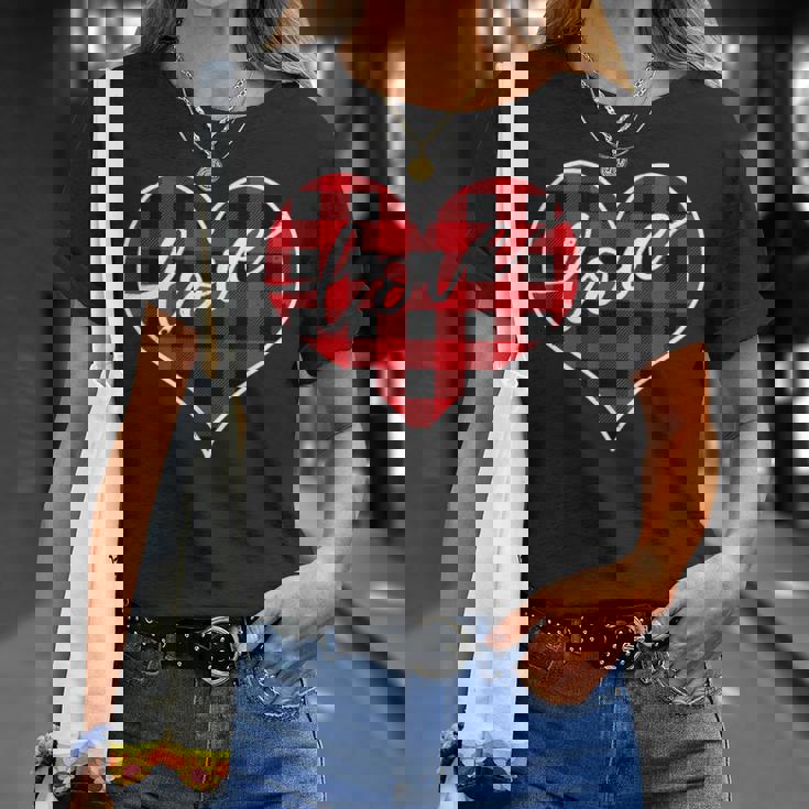 赤黒チェックハート「Love」 Tシャツ 彼女への贈り物