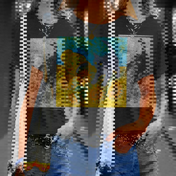 面白いゴッホのひまわり、猫のミーム、黒猫のアート。 Tシャツ 彼女への贈り物