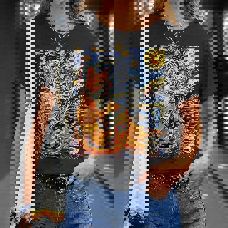 面白いレトロなデザインの猫がギターを弾く 星月夜 Tシャツ 彼女への贈り物