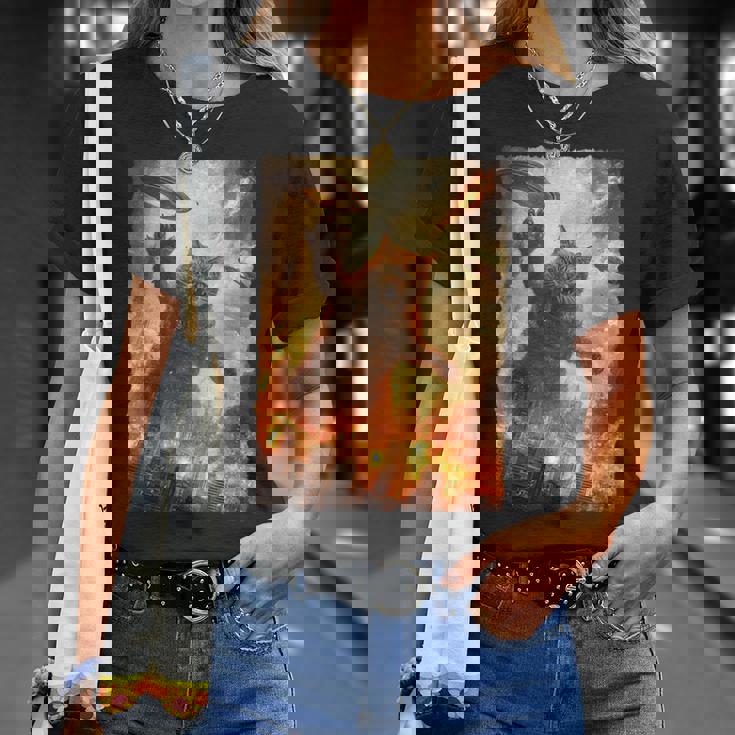 面白いレトロ日本の怪獣モンスター猫セルフィー東京ufo Tシャツ 彼女への贈り物