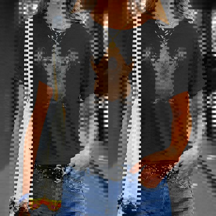 面白い動物 カピバラ げっ歯類 ウエイトリフティング フィットネスジム Tシャツ 彼女への贈り物