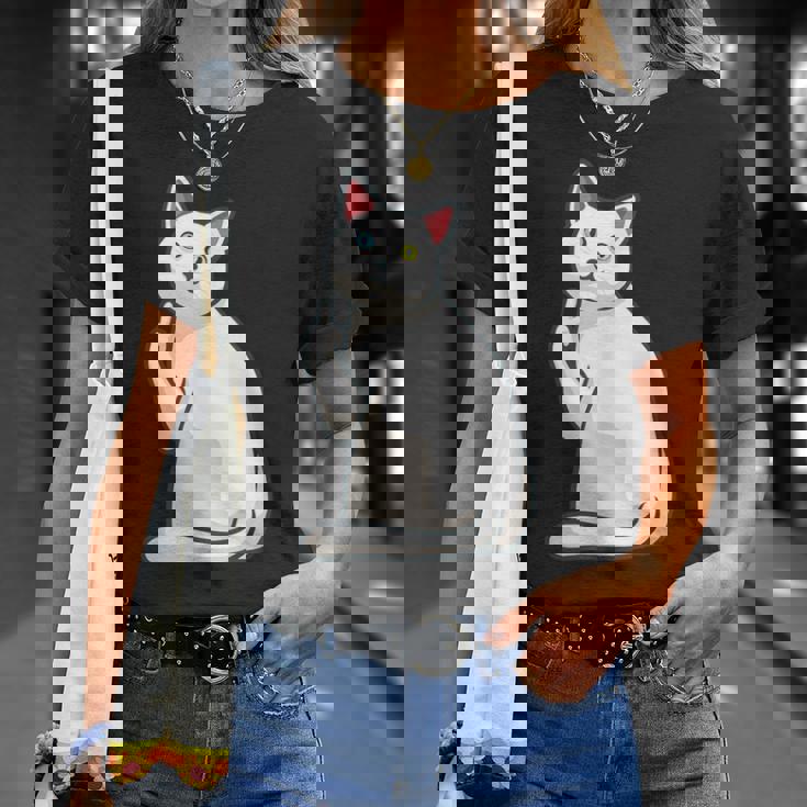 面白い猫 中指 オッドアイドキャット キティ Tシャツ 彼女への贈り物