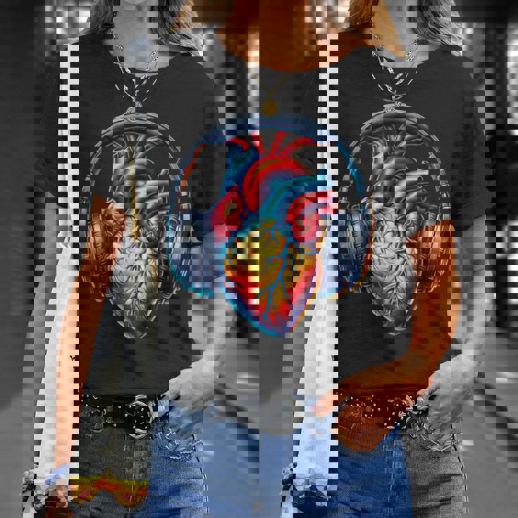 音楽解剖学的ハートとヘッドフォンdjミュージックグラフィック Tシャツ 彼女への贈り物
